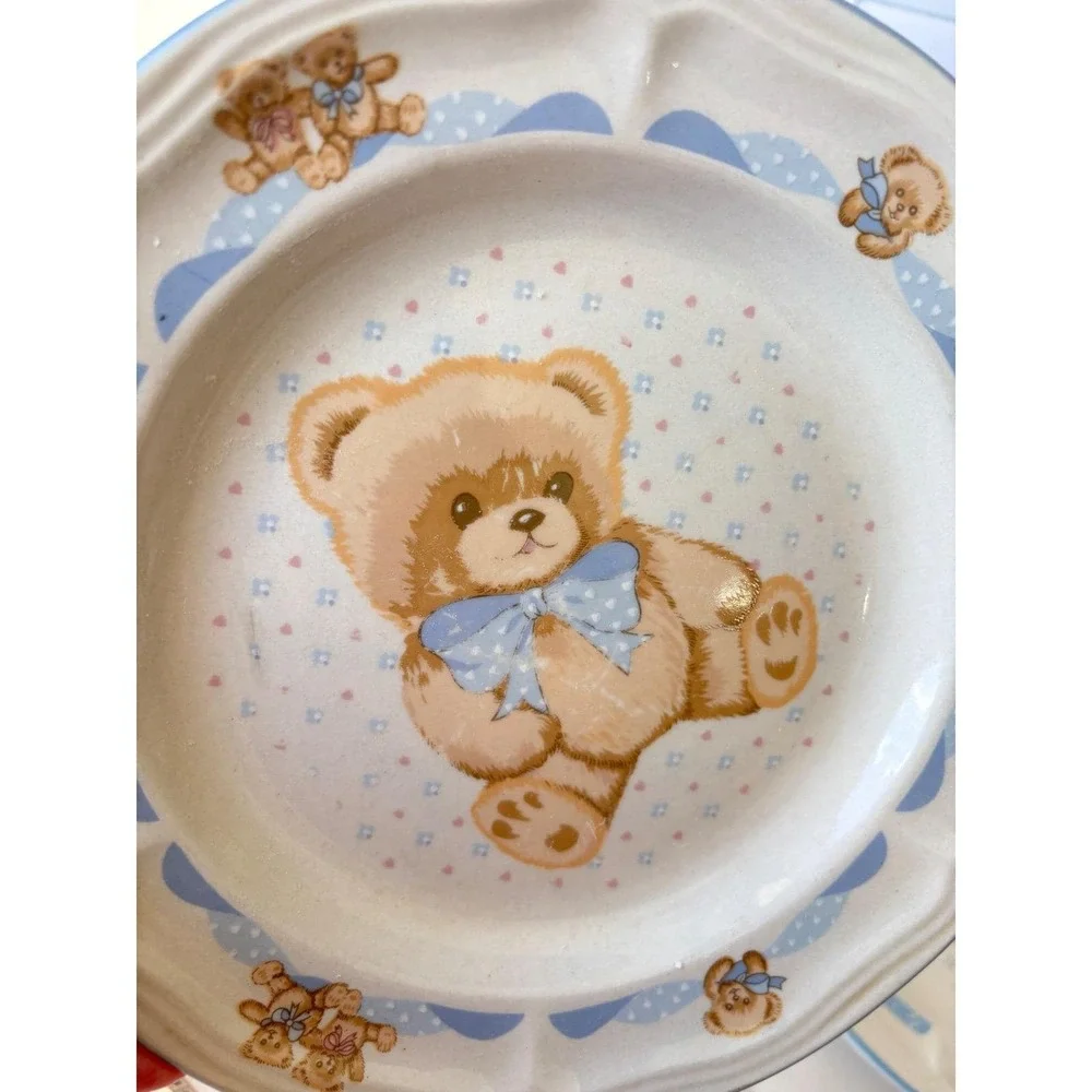 Vtg Tienshan Country Teddy Bear Ceramic Plates Set of 7‎ Blue Bow Stoneware